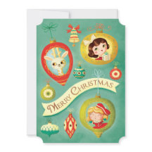 Weihnachts-Vintage-Puppen und Rentier-Karte