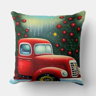 Weihnachts-Vintage-Roter-LKW-und-Schnee-Bäume-Wurf Kissen