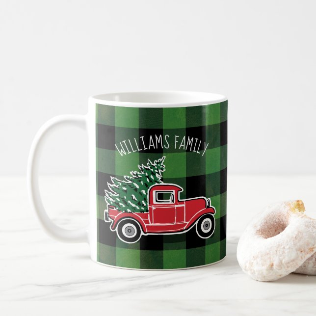 Weihnachts-Vintagen LKW Familienname Buffalo Karie Kaffeetasse (Mit Donut)