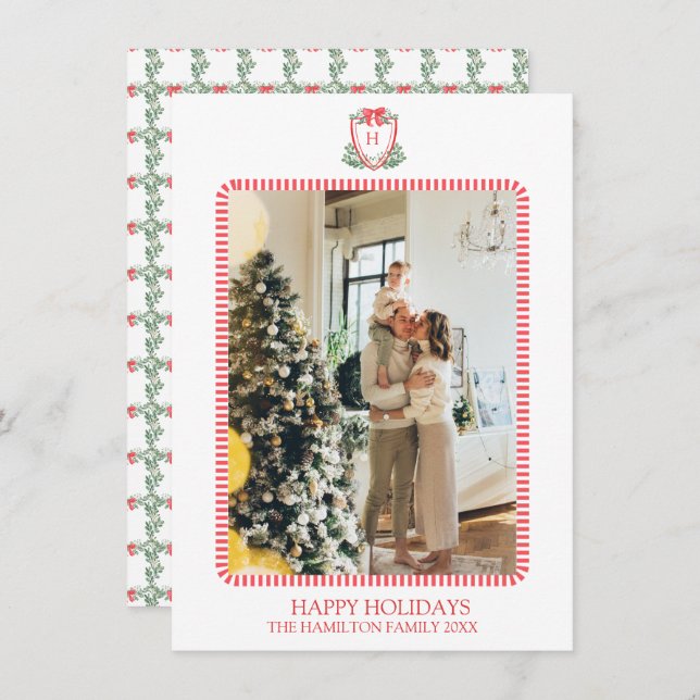Weihnachts-Wappen Monogram-Foto Grandmillennial Feiertagskarte (Vorne/Hinten)