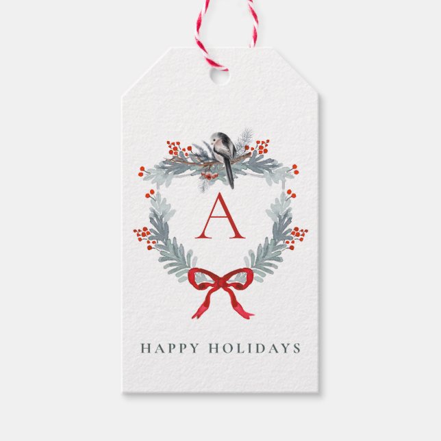 Weihnachts-Wappen Monogram Red Bow Winter Bird Geschenkanhänger (Vorderseite)