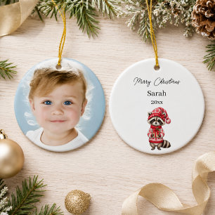 Weihnachts-Waschbär-Foto-Aquarell-Name Mädchen Keramik Ornament