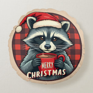 Weihnachts-Waschbär-Kakao-Freude Rundes Kissen