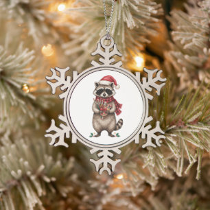 Weihnachts-Waschbär-Künstler-Santa-Hut-Pinsel Schneeflocken Zinn-Ornament