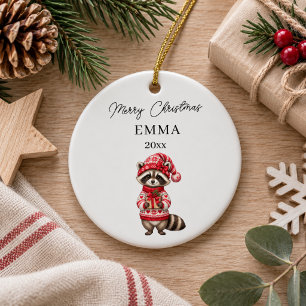 Weihnachts-Waschbär-Mädchen-Wasserfarben-Name Keramik Ornament