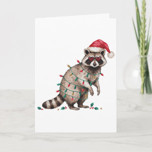 Weihnachts-Waschbär-Santa-Hut-Lichter-Herz-Brille Karte