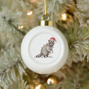 Weihnachts-Waschbär-Santa-Hut-Lichter-Herz-Brille Keramik Kugel-Ornament