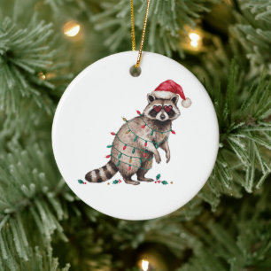 Weihnachts-Waschbär-Santa-Hut-Lichter-Herz-Brille Keramik Ornament