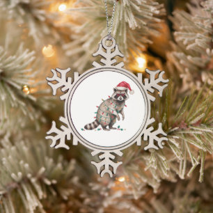 Weihnachts-Waschbär-Santa-Hut-Lichter-Herz-Brille Schneeflocken Zinn-Ornament