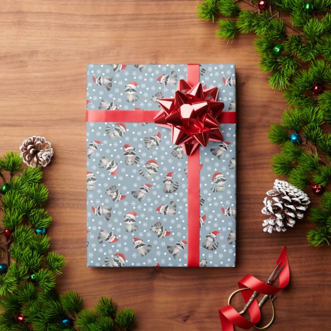 Weihnachts-Waschbären & Schneeflocken auf Hellgrau Geschenkpapier (Feiertagsgeschenk)
