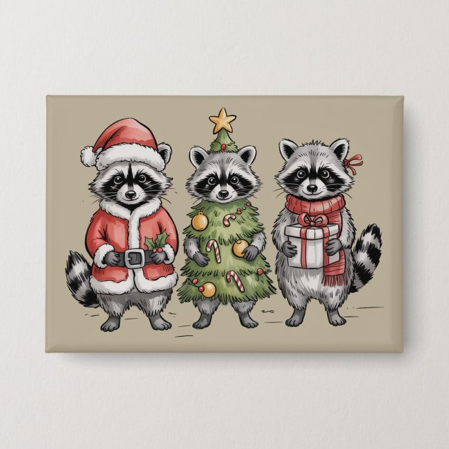 Weihnachts-Waschbären-Wald-Trio Santa-Baum-Tier Button (Vorderseite)