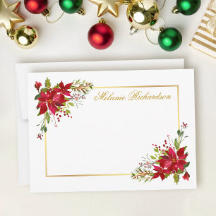 Weihnachts-Wasserfarbe-Blumen-Rot Poinsettie Gold Mitteilungskarte