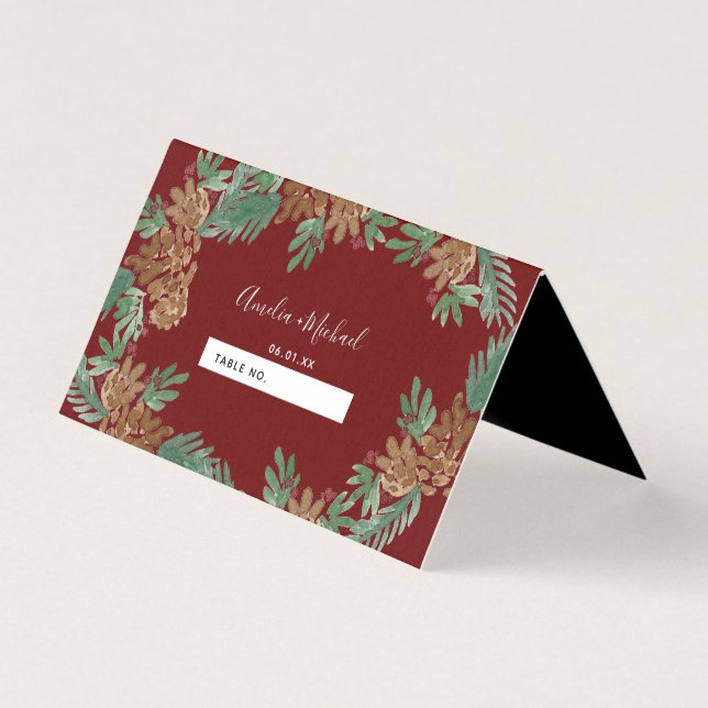 Weihnachts Wasserfarbe Pinecones Hochzeitssitznumm (Vorderseite)