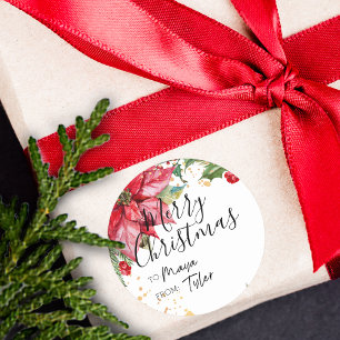 Weihnachts-Wasserfarbe-Poinsettie AN und VON Runder Aufkleber