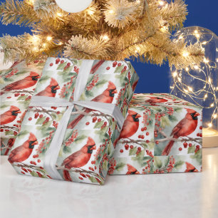 Weihnachts-Wasserfarbe Roter Kardinal und Beeren  Geschenkpapier