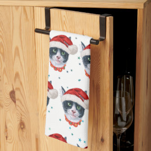 Weihnachts-Wasserfarbe Schwarz-Weiß-Katze Geschirrtuch