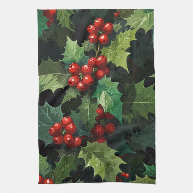 Weihnachts-Wasserfarbe Stechpalmen-Beeren-Blätter  Geschirrtuch (Vertikal)