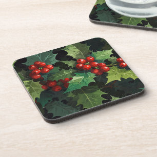 Weihnachts-Wasserfarbe Stechpalmen-Beeren-Blätter  Getränkeuntersetzer