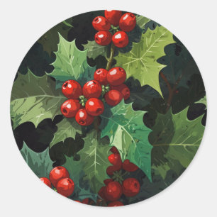 Weihnachts-Wasserfarbe Stechpalmen-Beeren-Blätter Runder Aufkleber