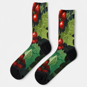 Weihnachts-Wasserfarbe Stechpalmen-Beeren-Blätter  Socken