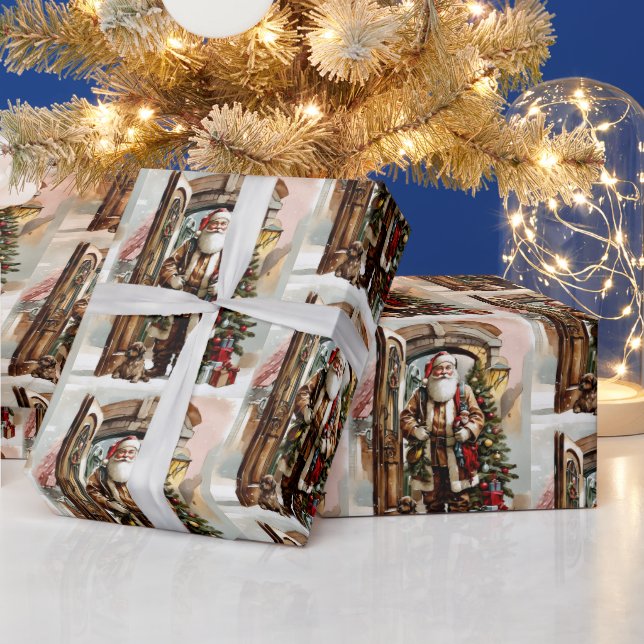 Weihnachts Wasserfarbe Weihnachtsmann mit Welpe Geschenkpapier (Feiertage)