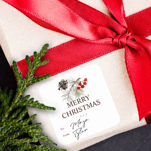 Weihnachts-Wasserfarbe Zapfen Beeren VON und AN Quadratischer Aufkleber
