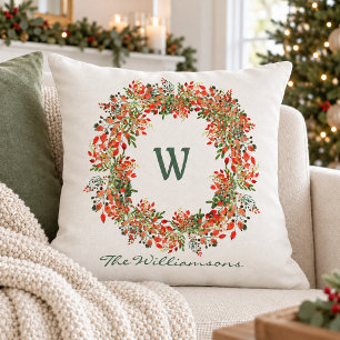 Weihnachts-Wasserfarben-Beerenkranz-Familienmonogr Kissen
