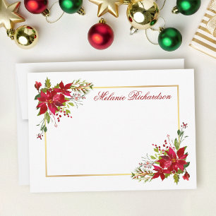 Weihnachts-Wasserfarben-Blumen-Poinsettie Rot Gold Mitteilungskarte