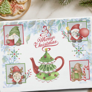 Weihnachts-Wasserfarben-Gnome und Teekanne Feierta Geschirrtuch