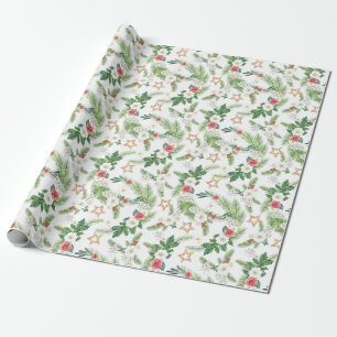 Weihnachts-Wasserfarben-Rosen-Zapfen-Ast Geschenkpapier