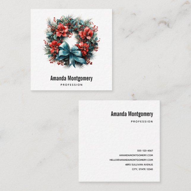 Weihnachts Wasserfarbenreath mit Holly Quadratische Visitenkarte (Vorne/Hinten)