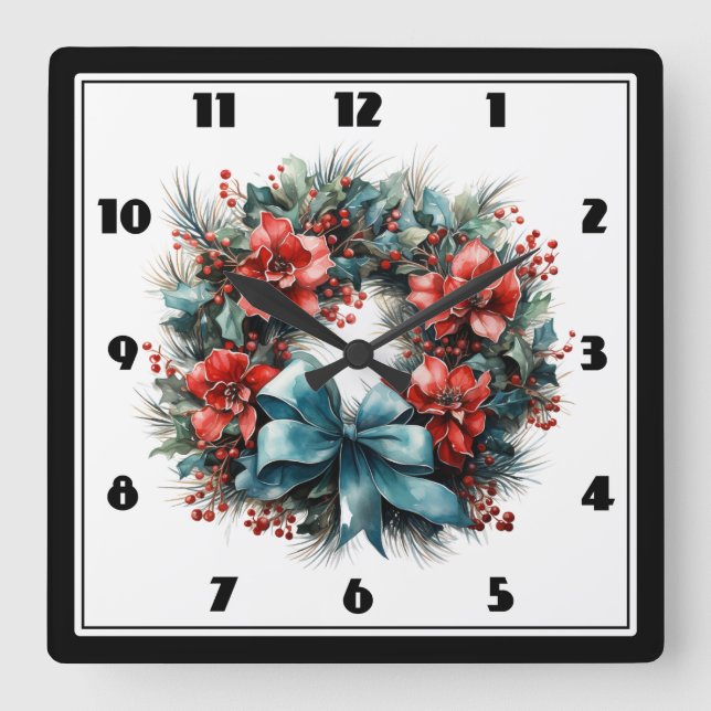 Weihnachts Wasserfarbenreath mit Holly Quadratische Wanduhr (Vorderseite)
