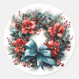 Weihnachts Wasserfarbenreath mit Holly Runder Aufkleber