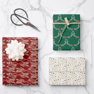 Weihnachts-Watercolor-Blumen-Rote-Schleifen Tradit Geschenkpapier Set
