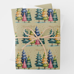 Weihnachts-Watercolor-Weihnachtsbäume Rosa Baum Geschenkpapier Set