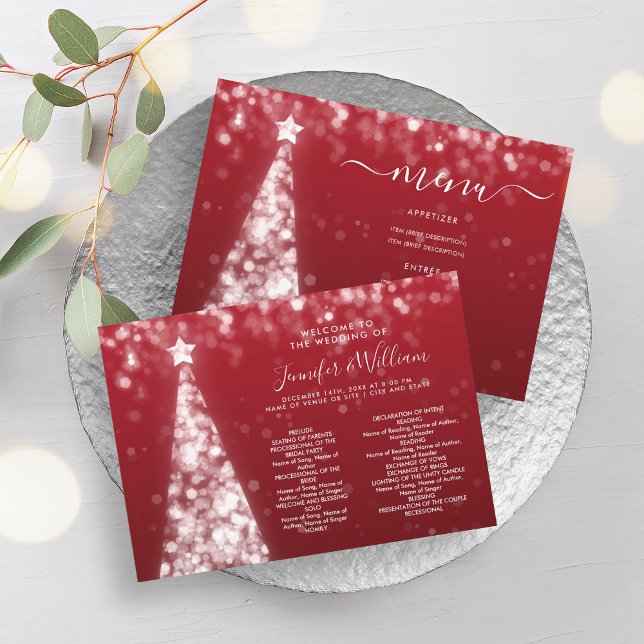 Weihnachts-Weihnachtsbaum Silver Red Wedding Menü  Einladung (Festive Xmas Tree Silver Red Wedding Menu Program)