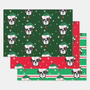 Weihnachts-Weihnachtsboxer-Hund-Schneeflocke Geschenkpapier Set