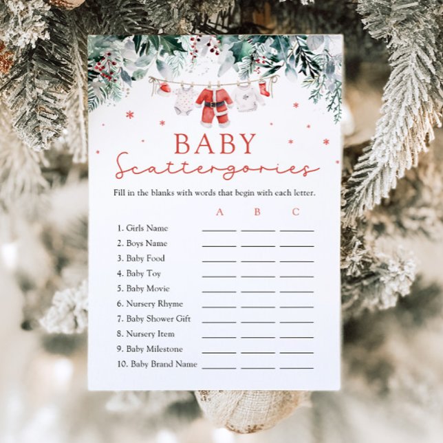 Weihnachts-Weihnachtsduschkatterie-Spiel Einladung (Watercolor Cute Red Christmas Santa Baby Shower Scattergories Game)