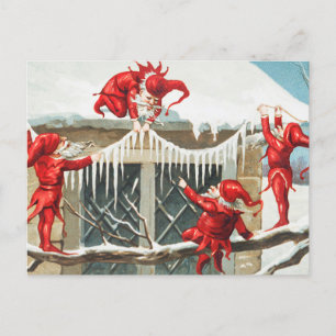 Weihnachts-Weihnachtselfen dekorieren ihre Zuhause Feiertagspostkarte