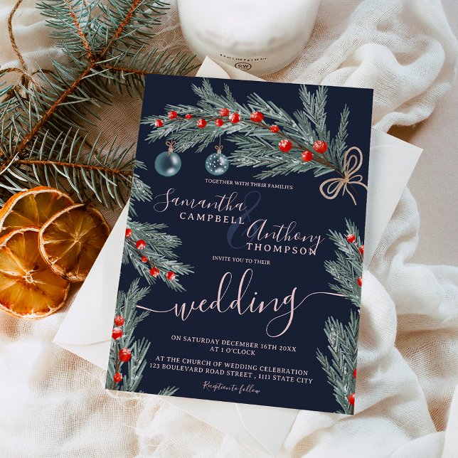 Weihnachts-Weihnachtsfeier am Foto Einladung (Green pine Christmas winter photo wedding Invitation)