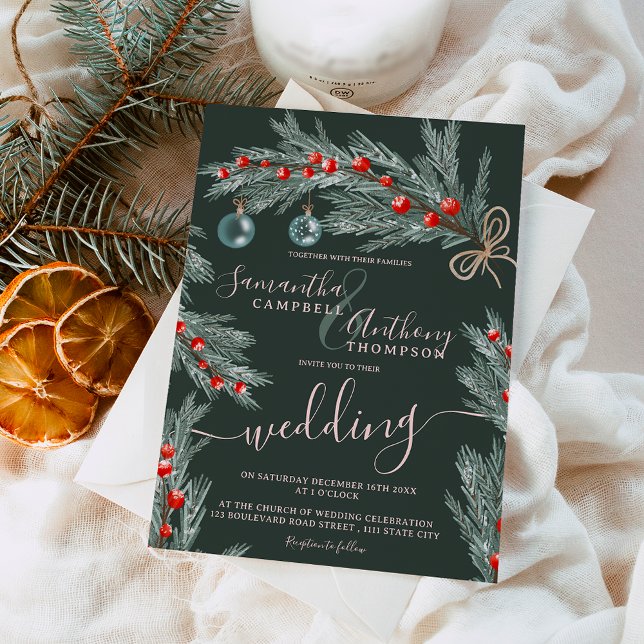 Weihnachts-Weihnachtsfeier am Foto Einladung (Green pine Christmas winter photo wedding Invitation)