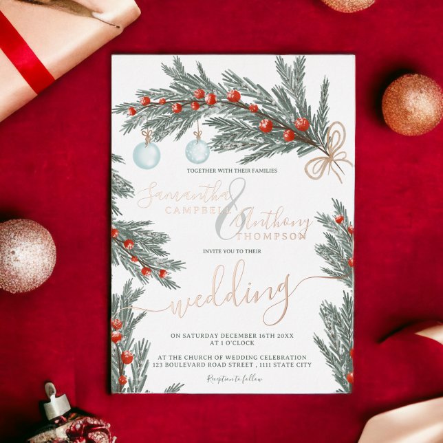 Weihnachts-Weihnachtsfeier am Foto Folieneinladung (Green pine Christmas winter photo wedding Foil Invitation)