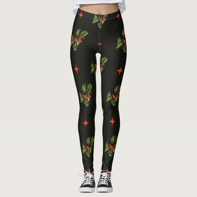 Weihnachts-Weihnachtsfeier Blätter und Sternenmust Leggings (Vorderseite)