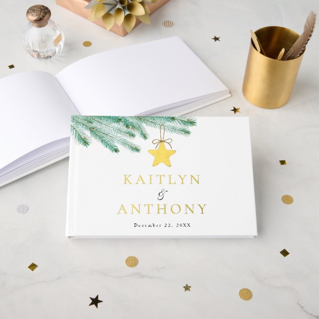 Weihnachts-Weihnachtsfeier mit Aquarellkiefern Gästebuch (Vorderseite Offen)
