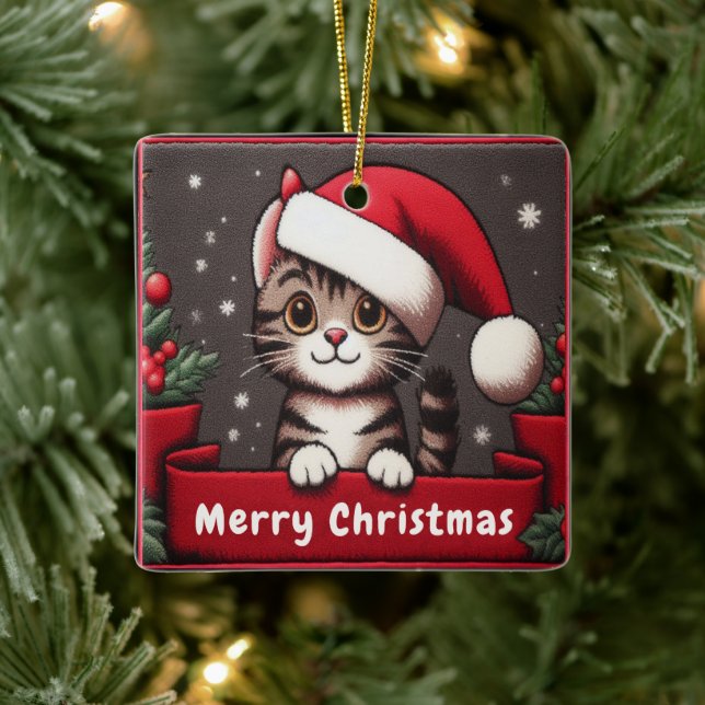 Weihnachts-Weihnachtsfest Mischous Tabby Cat Keramikornament (Baum)