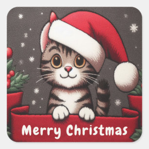 Weihnachts-Weihnachtsfest Mischous Tabby Cat Quadratischer Aufkleber