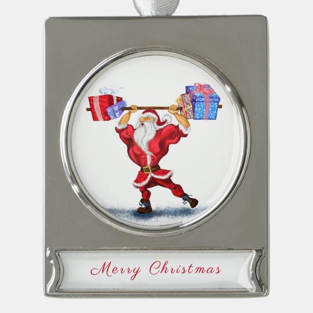 Weihnachts-Weihnachtsgeschenk Bodybuilder Santa Banner-Ornament Silber (Vorderseite)