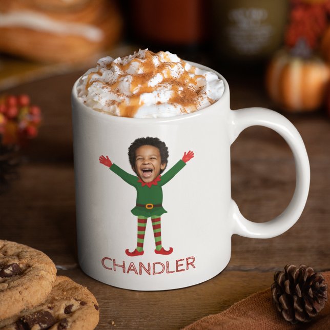 Weihnachts-Weihnachtsgeschenk für Kinder und Name  Kaffeetasse (Elf Face Photo and Name Custom Personalized Funny Christmas Mug)