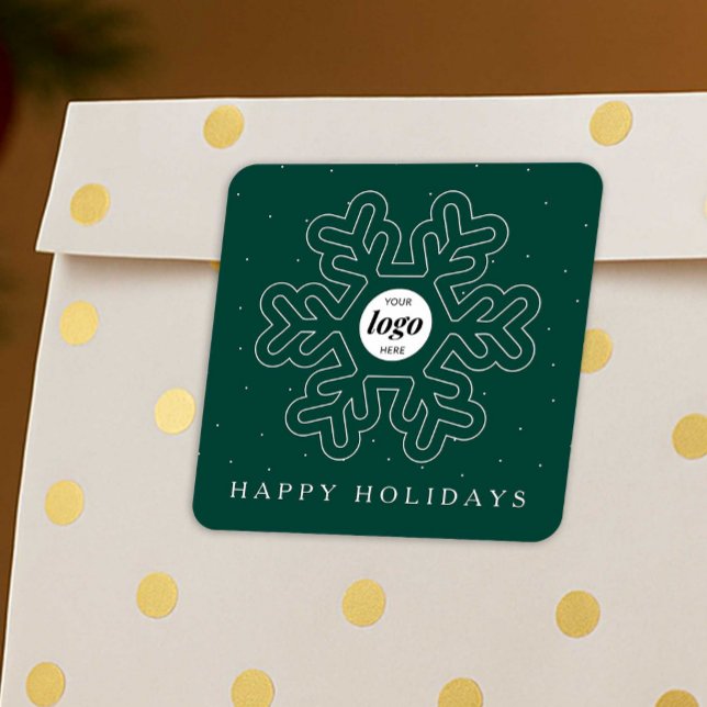 Weihnachts-Weihnachtsgeschenk für Unternehmen Grün Quadratischer Aufkleber (Business logo festive stickers in green and white with modern snowflake design)