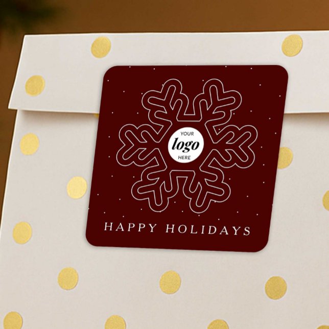 Weihnachts-Weihnachtsgeschenk für Unternehmen Rot Quadratischer Aufkleber (Business logo festive stickers in red and white with modern snowflake design)
